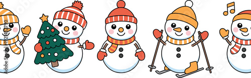 Cute cartoon snowman vector set with winter holiday characters wearing scarves hats skiing and Christmas tree illustration