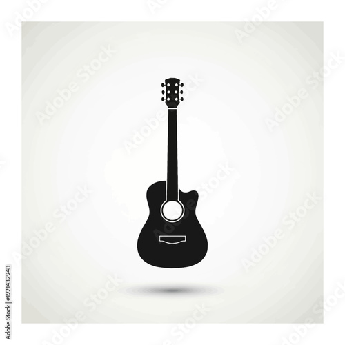 A black silhouette of an acoustic guitar on a white background