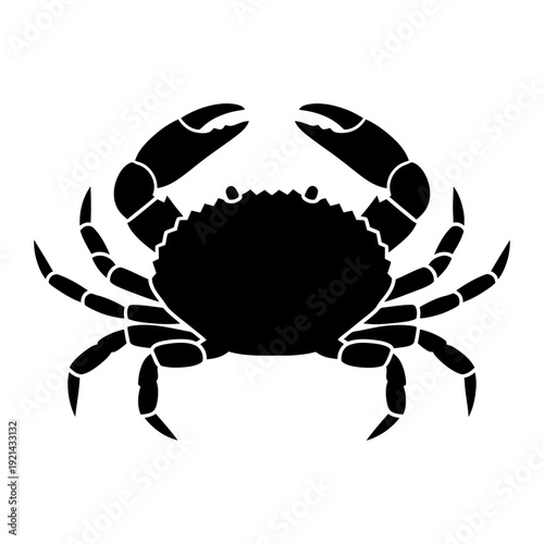 A black silhouette of a crab on a white background