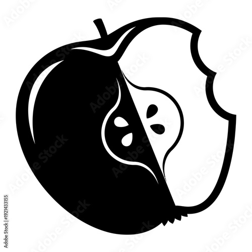 A black and white image of a bitten apple