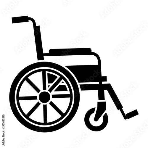 A black and white image of a wheelchair