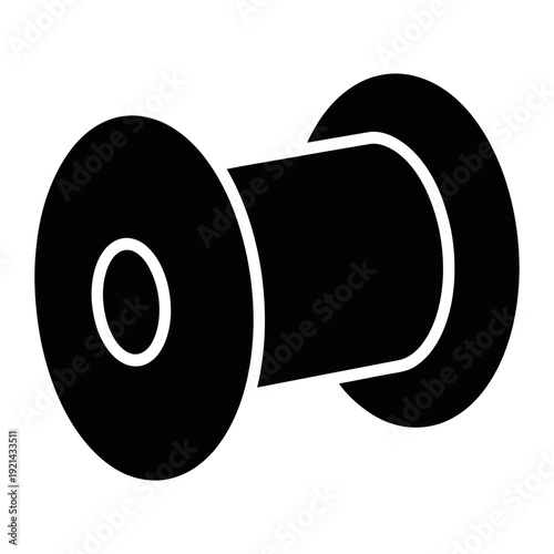 A black and white icon of a spool of thread