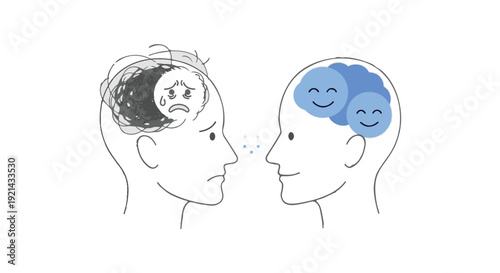 Conceptual illustration of mental health showing contrasting happy and sad brains isolated PNG with Transparent Background