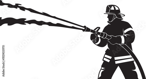 Firefighter spraying water silhouette isolated on transparent background
