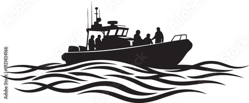 Boat silhouette with people on water isolated on transparent background