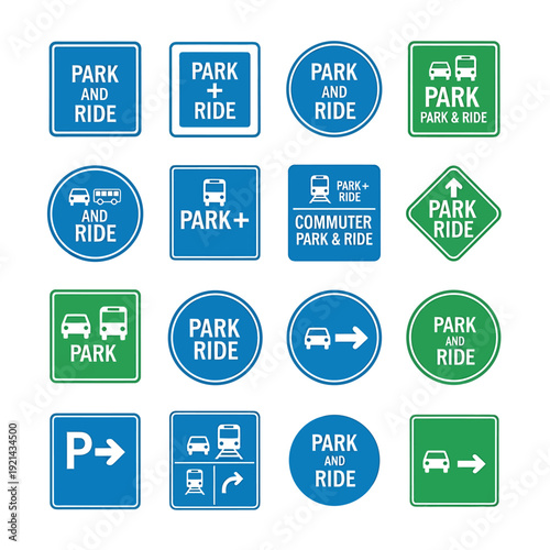 Park and ride signs and symbols for transportation and commuting directions