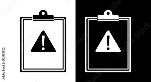 Two clipart clipboard icons with exclamation triangle warning signs on white and black backgrounds