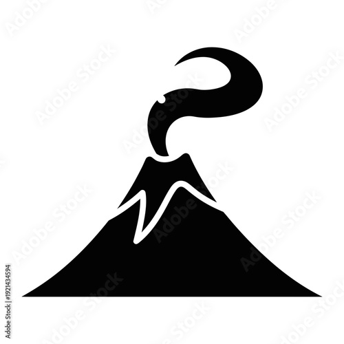 A black and white drawing of a volcano with smoke coming out