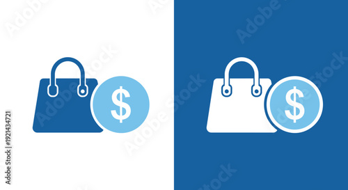 Simple flat icons of handbag with dollar coin on white and blue backgrounds