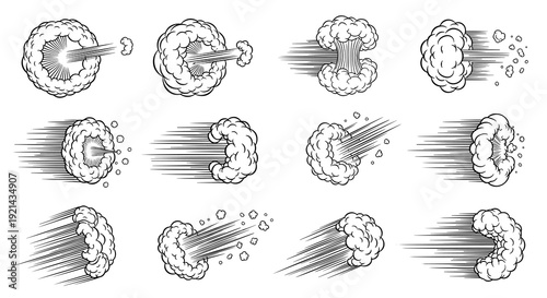 Cartoon smoke cloud with speed lines set