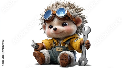 The Little Mechanic: An adorable hedgehog, dressed as a mechanic, clutches a wrench and tool, ready to tinker and create with his aviator goggles