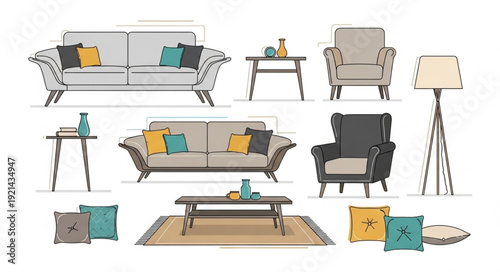 Modern Furniture Set with Pillows.