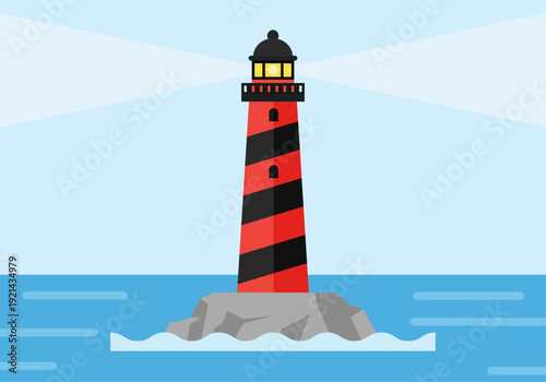 Faro con rayas rojas y negras sobre una roca en el mar emitiendo luz