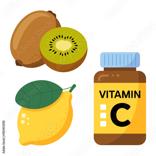 Vitamin C rich foods like kiwi lemon and supplements for healthy diet and nutrition