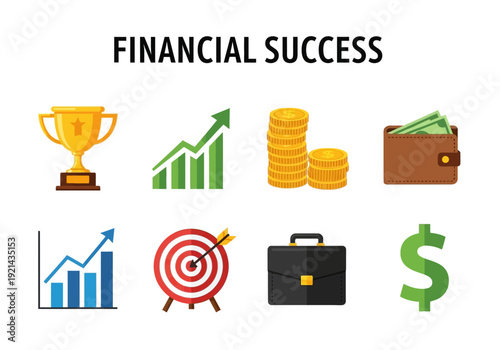 Collection of Icons Representing Financial Success, Investment Growth, and Wealth Accumulation
