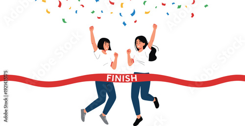 Women Crossing Finish Line with Celebration Confetti Vector Illustration for Success, Achievement, Victory, Competition, Marathon, and Goal Accomplishment Concepts