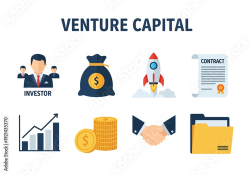 Venture Capital Concepts Investor, Startup Rocket, Contract, Financial Growth, Coins, Handshake, and Folder Icons