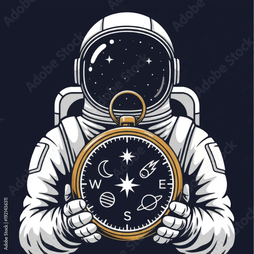 Astronaut Holding Compass with Celestial Symbols.
