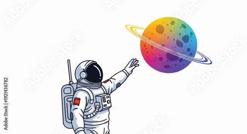 Astronaut Reaching for Colorful Planet Illustration.