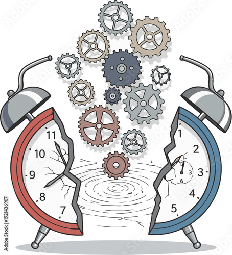 A broken alarm clock with gears spilling out, symbolizing time and chaos