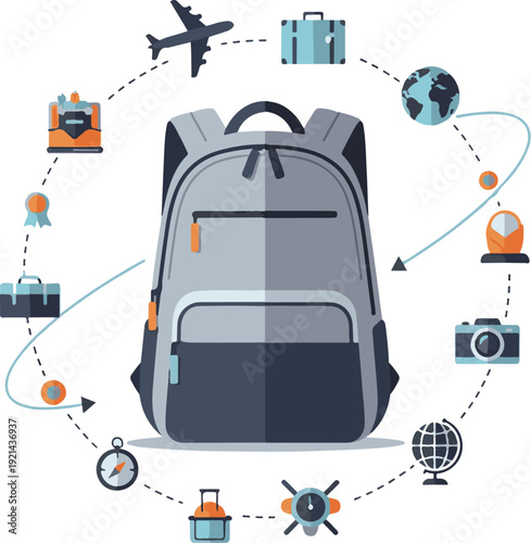 A backpack surrounded by travel icons and luggage on a white background