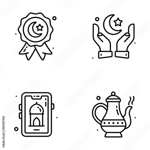 Trendy ramadan themed icons with moon, lantern, gift, and prayer symbols in flat design