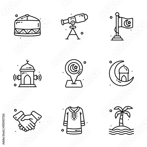 Set of Islamic icons for Ramadan and Eid, featuring mosque and celebration symbols.