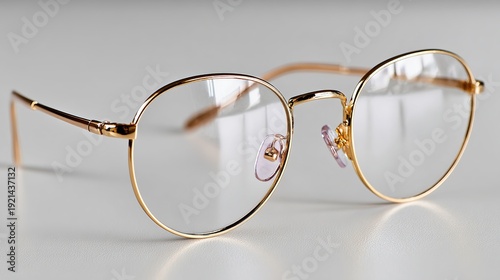 Golden Glasses: Close-up of elegant gold-rimmed glasses, reflecting the light with their clear lenses, exuding a sense of refined style and vision.