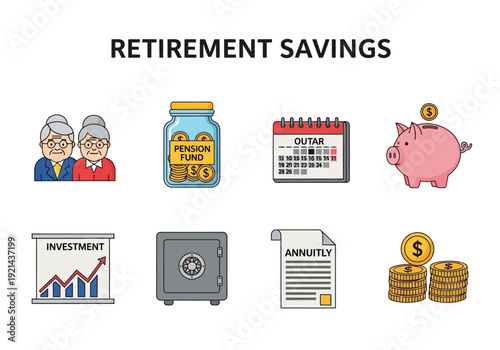 Financial planning icons representing retirement savings, investment growth, and monetary security for a prosperous future