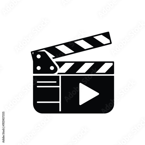 A black and white icon depicting a film clapperboard with a play button