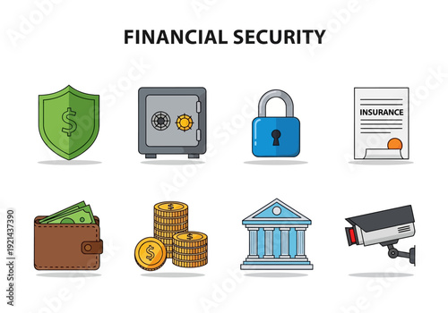 Financial Security Icons representing safeguarding money, assets, and wealth through protection, savings, and surveillance