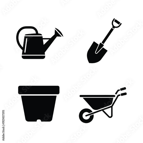 Gardening tools and equipment for planting flowers in a pot on the ground.