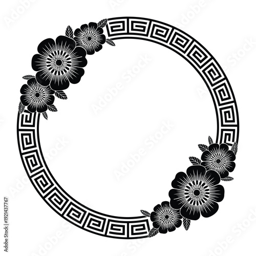 Black and white floral wreath with geometric greek key pattern