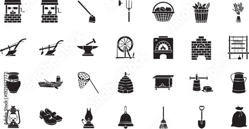 Traditional Rural Tools and Farming Equipment Icon Set