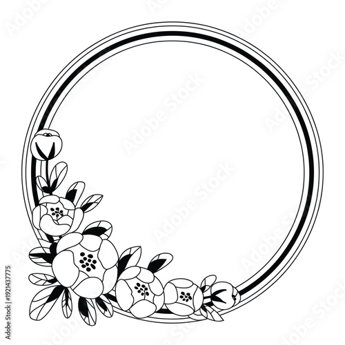Floral wreath illustration with a circular frame and botanical elements