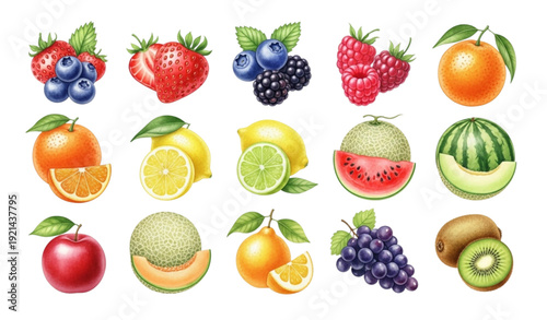 Vibrant Watercolor Fresh Fruits Clipart – Circular Icons of Berries, Citrus & Melons