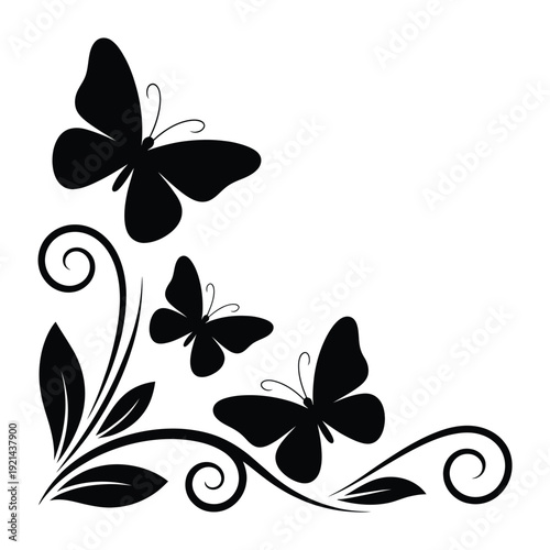 Elegant black butterflies and floral swirls create a decorative corner design