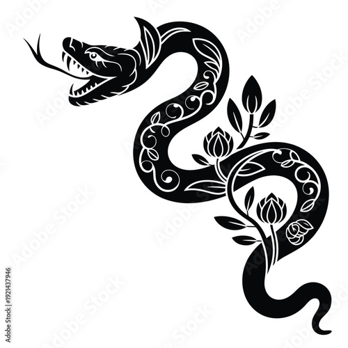 Stylized black snake design with floral elements and swirling form