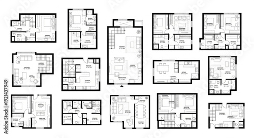 Collection of diverse architectural floor plans for residential buildings.
