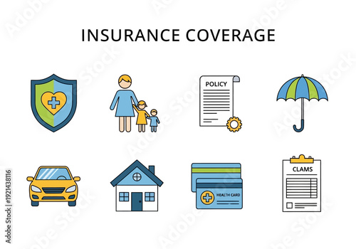 Icons representing insurance coverage, including health, family, policy, umbrella, car, home, credit cards, and claims