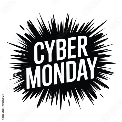 Black and white cyber monday burst graphic with bold text