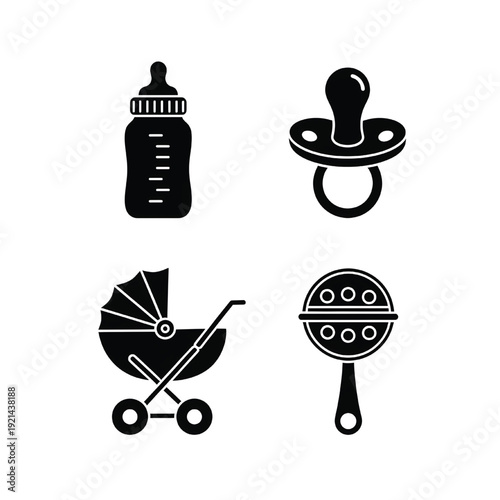 Baby care items including bottle, pacifier, stroller, and rattle on white