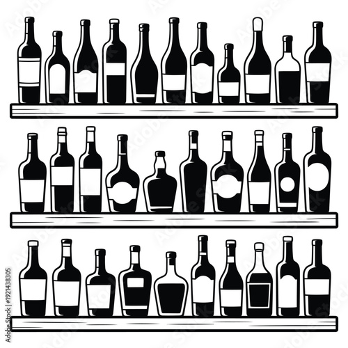 Black and white illustration of wine bottles arranged on wooden shelves