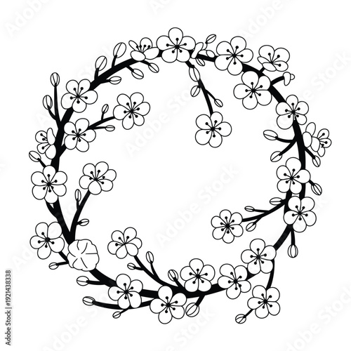 Delicate floral wreath of cherry blossoms forms a circular frame