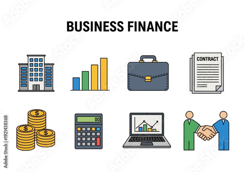 Business Finance Icons Representing Investment, Growth, and Transactions