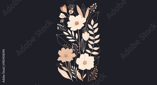 Vertical botanical composition of beige and tan flowers and leaves on a dark background for sophisticated interior decor.