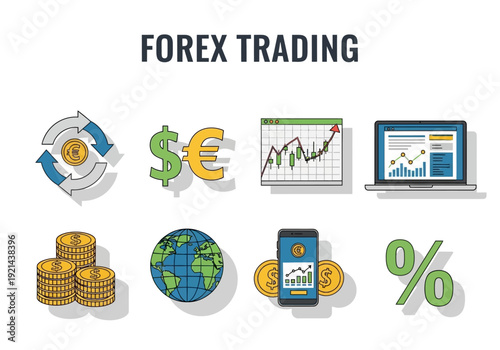 Forex Trading Icons Representing Global Currency Exchange, Financial Markets, and Investment Growth