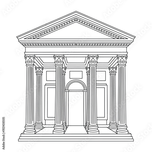 Detailed line art illustration of a classical temple facade with columns