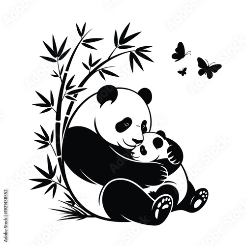 Panda mother and cub embrace amidst bamboo leaves and fluttering butterflies
