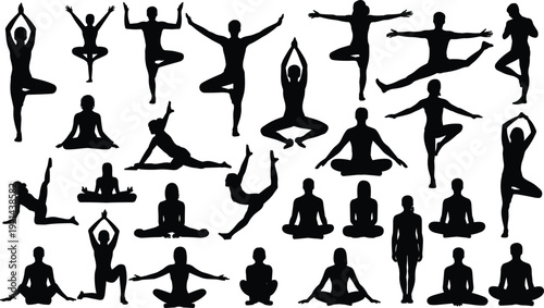 Collection of yoga poses silhouettes set, black human figures practicing meditation and stretching exercises isolated on white background, fitness wellness and healthy lifestyle concept